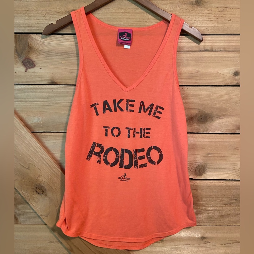 Ali Dee Orange Graphic V-Neck Tank Top “Take Me To The Rodeo”
